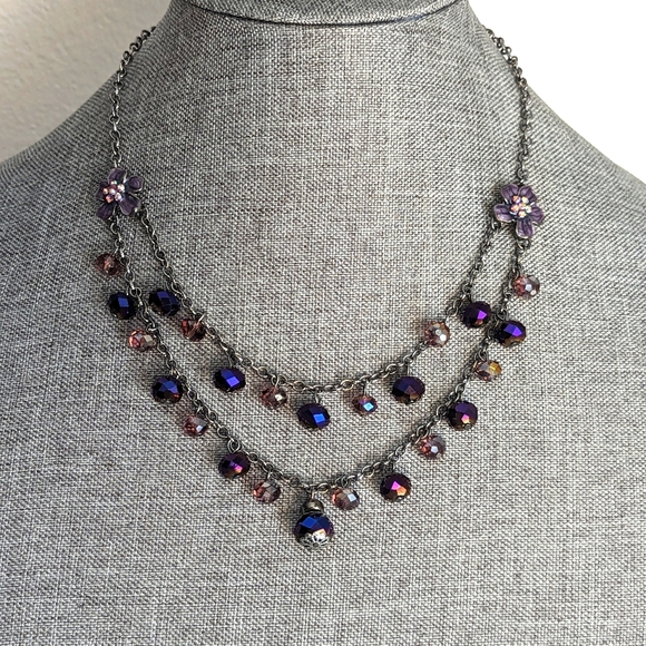 Jewelry - Pink and Purple Aurora Borealis and Enamel Flower Dangle Necklace